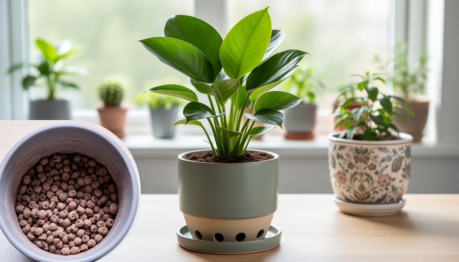 Assorted indoor grow pots and self-watering container with basil on a bench.