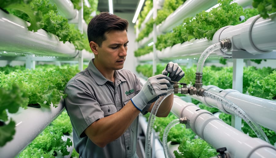 Gloved hands adjusting tubing in a hydroponic lettuce system with green plants and a nutrient reservoir in the background