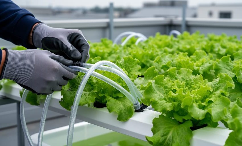 A gardener’s gloved hands adjusting clear nutrient tubing in a hydroponic lettuce system on a rooftop, with healthy green plants and a nutrient reservoir in the background.