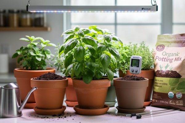 Indoor herb garden on a countertop with basil under an LED grow light, drainage containers, potting mix, watering tools, and a small soil monitoring sensor.