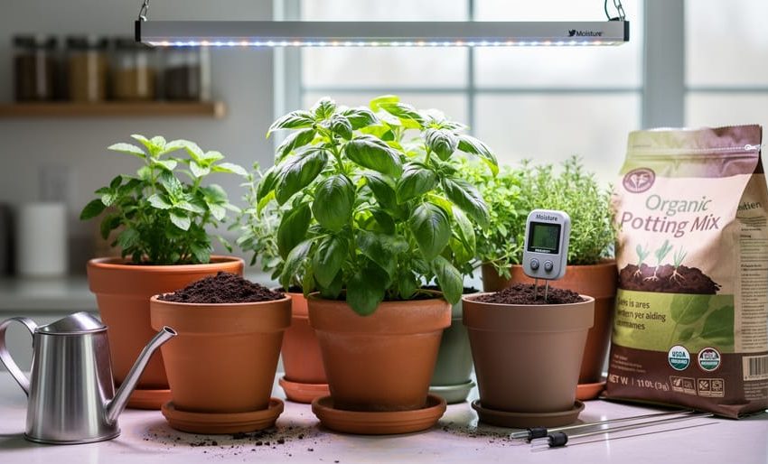Indoor herb garden on a countertop with basil under an LED grow light, drainage containers, potting mix, watering tools, and a small soil monitoring sensor.