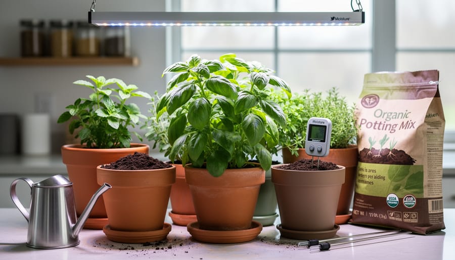 Indoor herb garden on a countertop with basil under an LED grow light, drainage containers, potting mix, watering tools, and a small soil monitoring sensor.