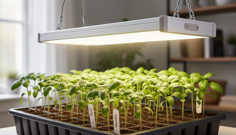 LED grow light over indoor herb seedlings in a small growing setup.