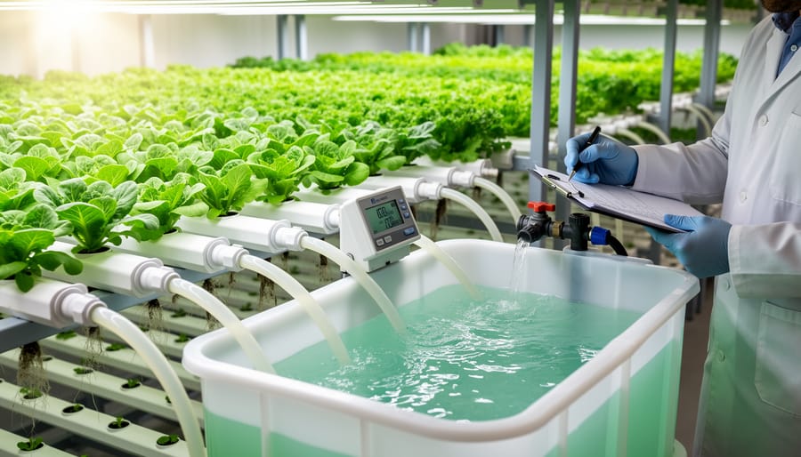 Nutrient solution mixing tools beside a hydroponic lettuce plant.
