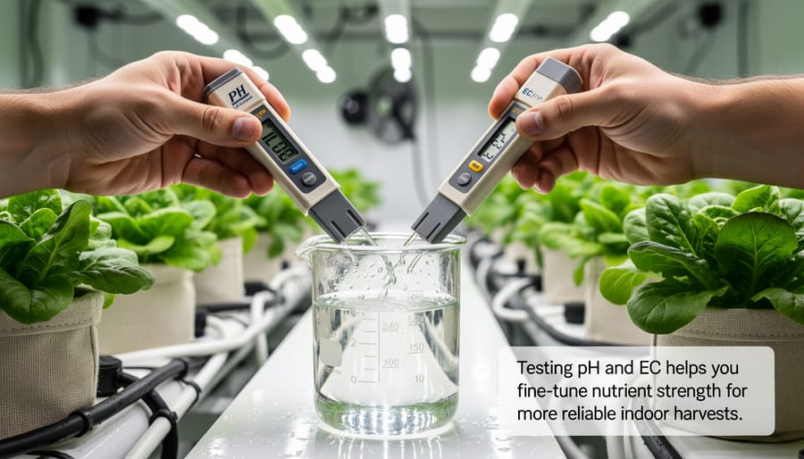 Digital pH and EC testing meters on a table with a blurred herb plant behind.