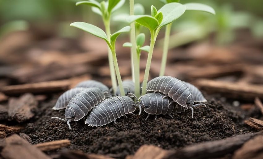 “Gray pill bugs clustered on moist soil next to tender green seedlings in a garden with mulch and leaf litter.”
