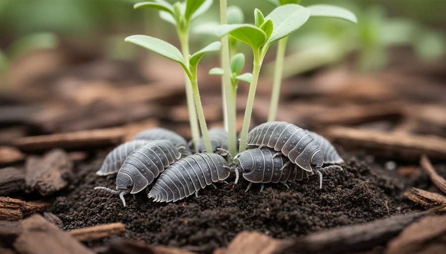 “Gray pill bugs clustered on moist soil next to tender green seedlings in a garden with mulch and leaf litter.”
