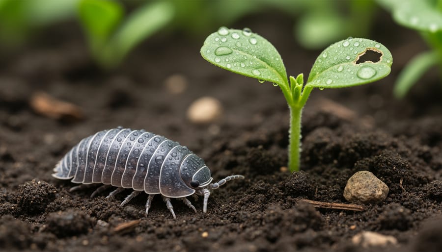 Close-up of a pill bug on moist garden soil near a young lettuce seedling