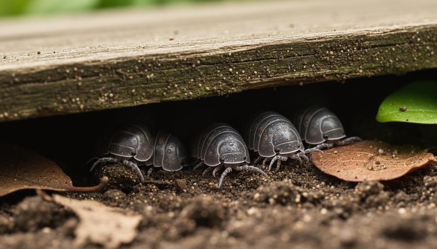 Gardener lifting a cardboard or wood board in a mulched garden bed where pill bugs are hiding