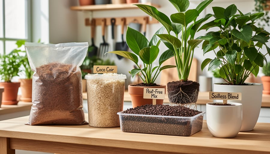 Macro view of growing medium being poured into a container for indoor seedlings.