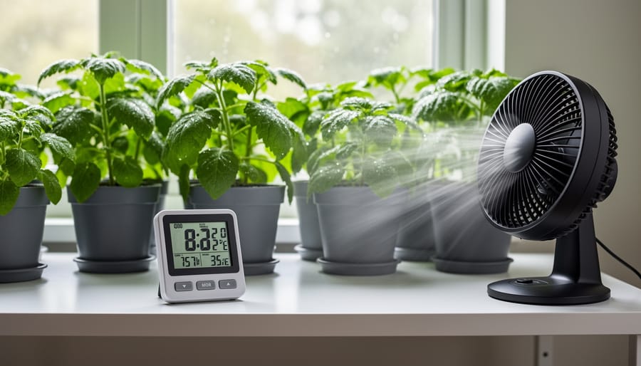 Temperature and humidity monitoring device near an indoor plant with oscillating fan.