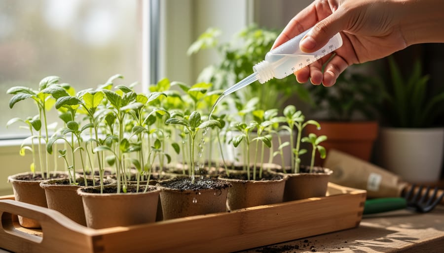Watering can pouring water into a seedling pot with visible watering stream.