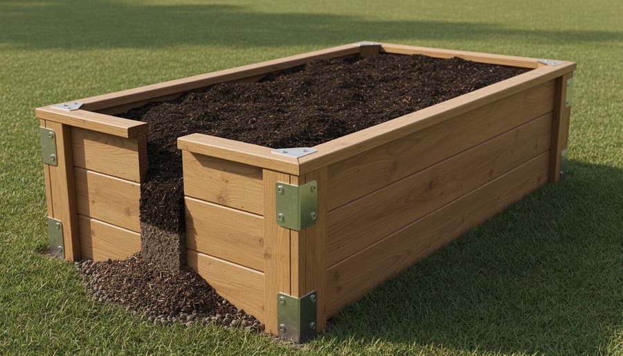 Tall raised garden bed with corner posts and filled dark soil on level outdoor ground.