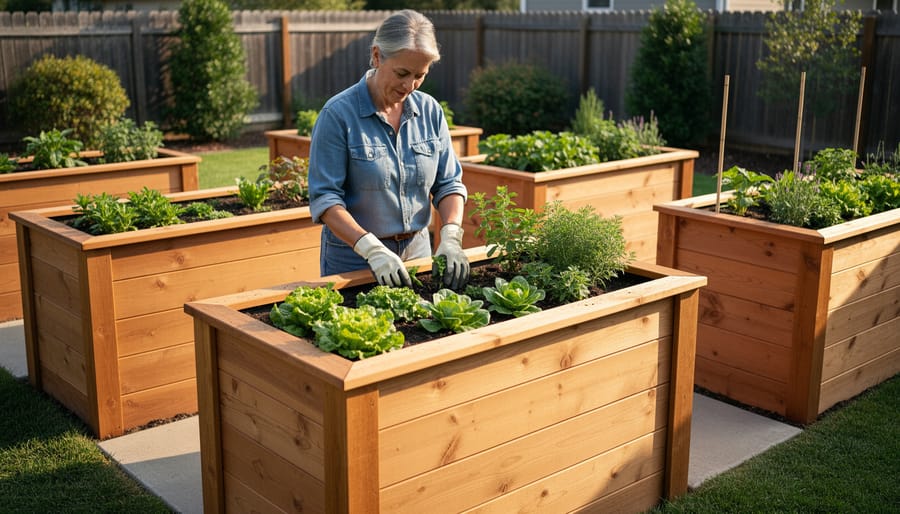 Person planting seedlings in a tall raised garden bed at comfortable waist height.