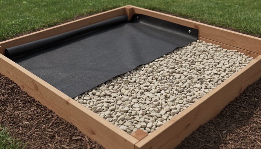 Gloved hands installing wire mesh and landscape fabric inside the bottom of an open tall raised garden bed frame.