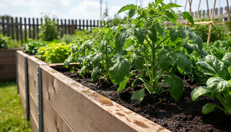 Young plants thriving in a tall raised garden bed with water droplets in soft morning light.