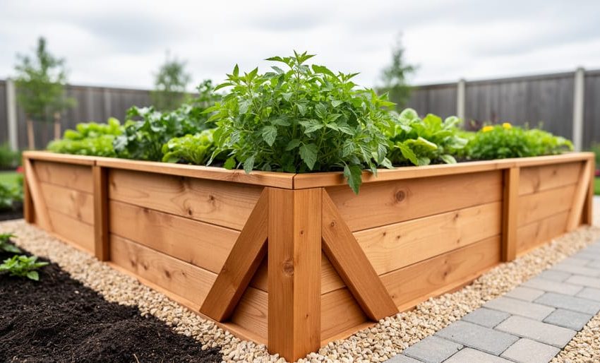 “Tall raised garden bed with reinforced wooden corner bracing filled with soil and leafy greens in a backyard garden.”