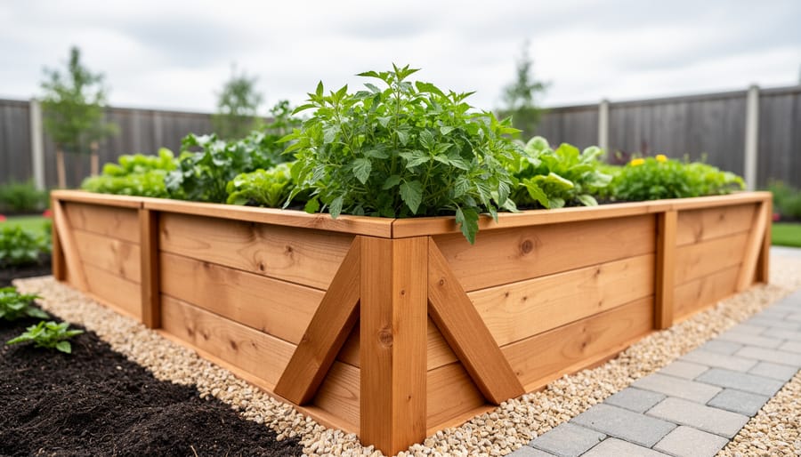 “Tall raised garden bed with reinforced wooden corner bracing filled with soil and leafy greens in a backyard garden.”